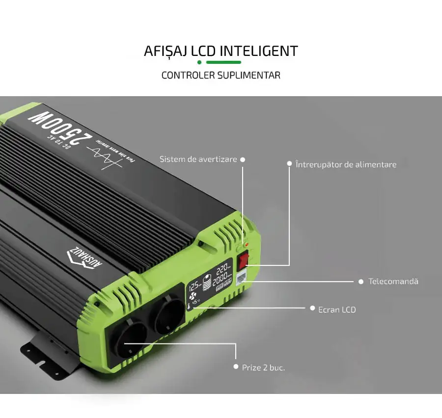 invertor 12-220 2500W - afișaj LCD intelligent, controler suplimentar, Sistem de avertizare, Întrerupător de alimentare, Telecomandă, Ecran LCD, Prize 2 buc.
